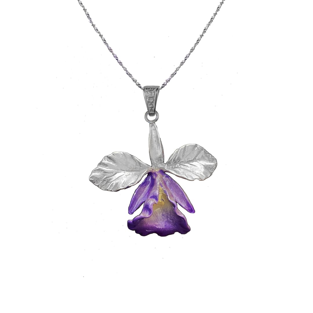 Collar orquidea morada, cadena en plata, joyas elaboradas con plata ecologica eden joyas